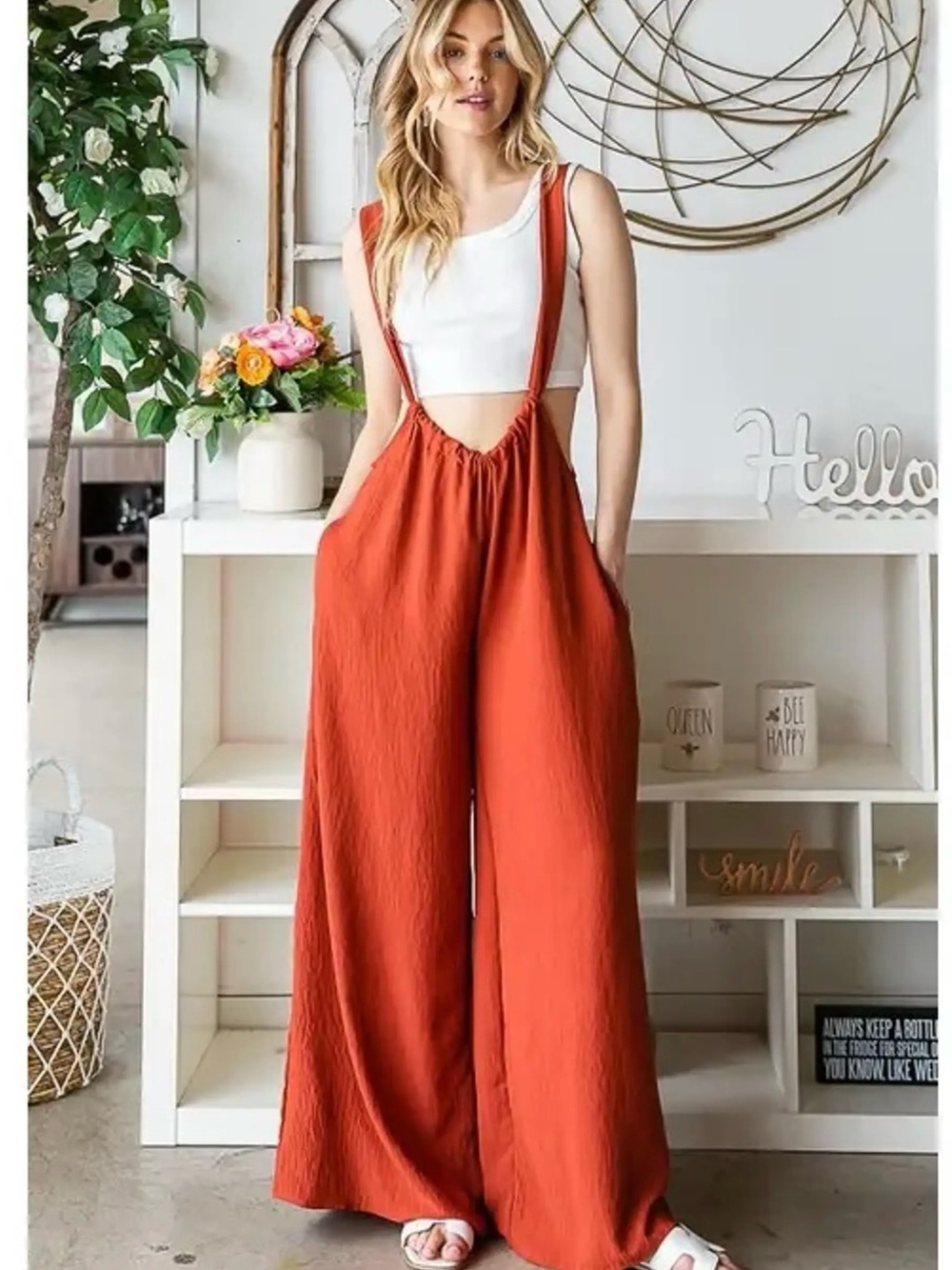Zenana Outfitters Rust Red Halter Suspender Wide-Leg Jumpsuit Sz S